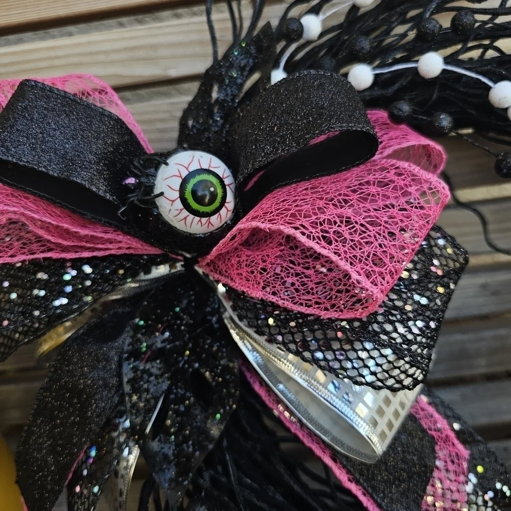 Handmade Halloween Wreath black glitter wreath frame multi ribbon bow and sign